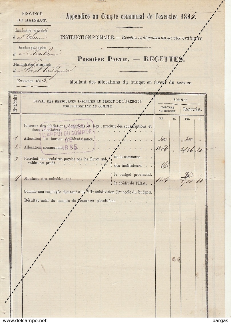 1885 Leval Trahegnies - Binche Thuin Courrier De 4 Pages Compte De L'école Intruction Primaire - Historische Dokumente