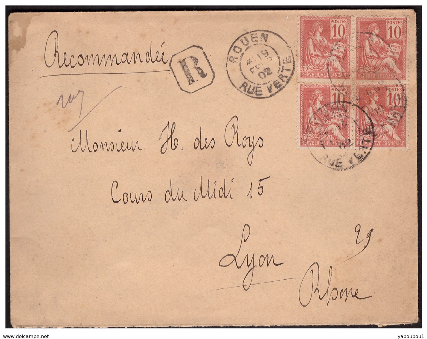 Mouchon En Bloc De 4 Sur Lettre Rec. De ROUEN Pour LYON  Du 19.2.02. - 1877-1920: Période Semi Moderne