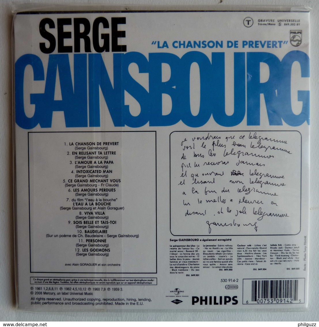 Rare CD EDITION ORIGINALE VINTAGE - VINYL REPLICA - LA CHANSON DE PREVERT SERGE GAINSBOURG - Collector's Editions