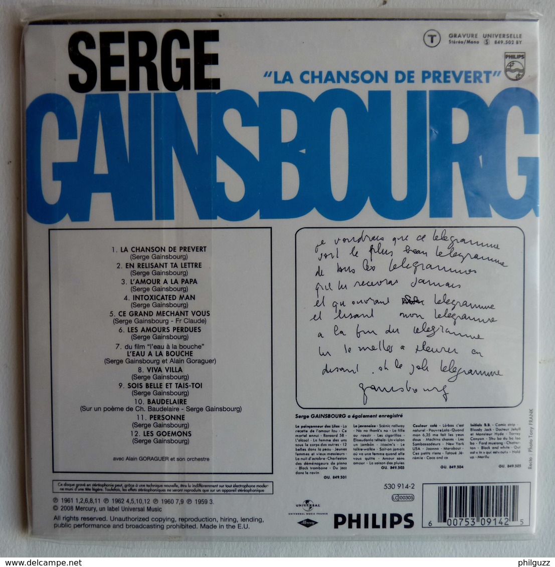 Rare CD EDITION ORIGINALE VINTAGE - VINYL REPLICA - LA CHANSON DE PREVERT SERGE GAINSBOURG - Collectors