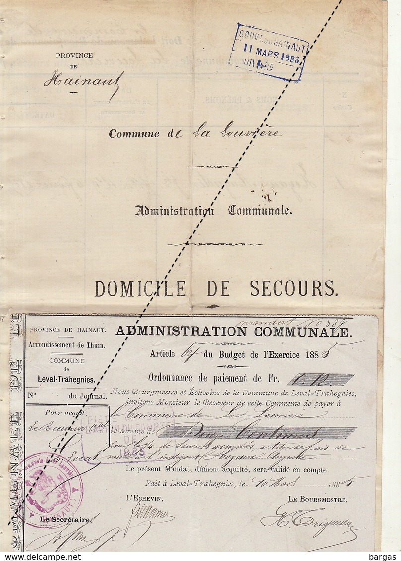 1885 Leval Trahegnies - Binche Pour La Louvière Pour L'indigent Hoyaux - Documents Historiques