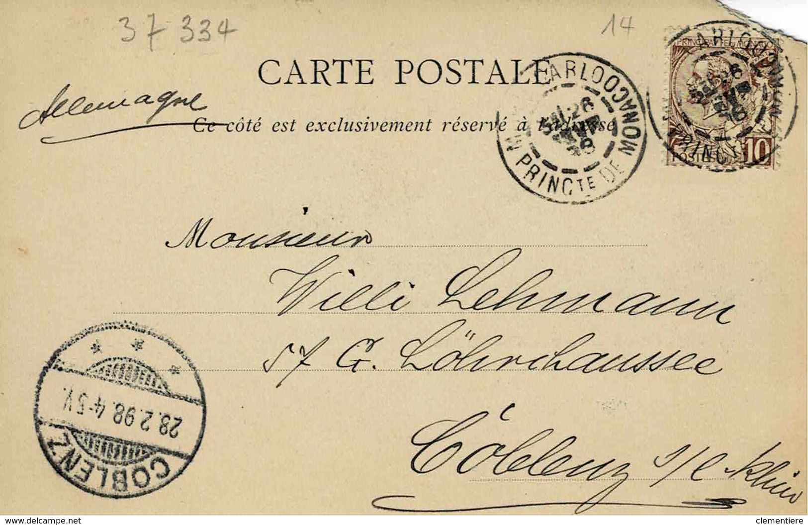 TP N° 14 Sur Carte Postale De Monte Carlo Pour Coblence - Marcophilie