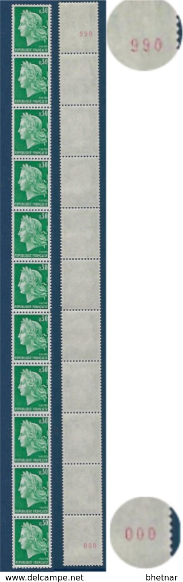 FR Roulette YT 58 (1536A) " Marianne De Cheffer 30c. Vert " 1967 Neuf** 2 N° Rouge - Coil Stamps