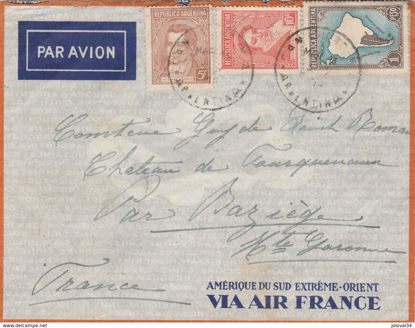 Argentine Lettre  Amérique Du Sud Extrême Orient Via Air France San Isidro  - Comtesse Château Fourquevaux Haute Garonne - Lettres & Documents