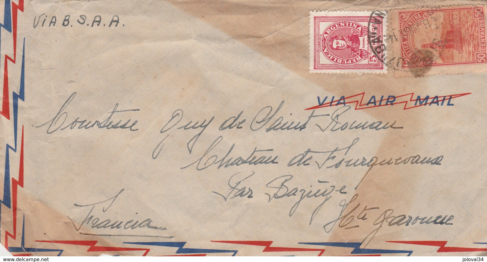 Argentine Lettre Avion Via B S A A San Isidro  - Comtesse De Saint Roman Château Fourquevaux Haute Garonne - Lettres & Documents