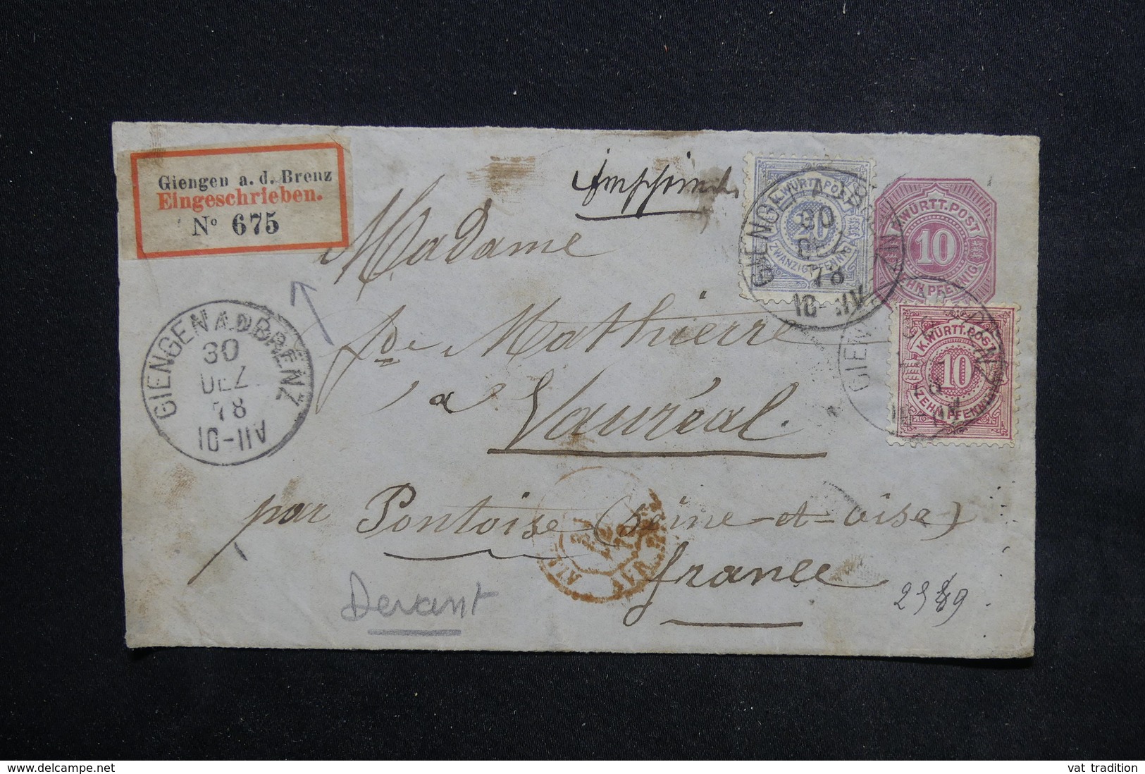 ALLEMAGNE / WURTEMBERG - Entier Postal + Complément En Recommandé De Giengen A.d. Brenz En 1878 Pour La France - L 23140 - Autres & Non Classés