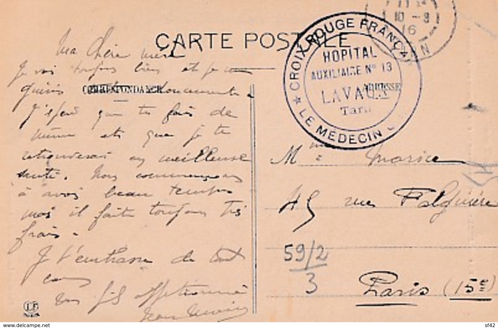 CACHET  HOPITAL  AUXILIAIRE N° 13 DE LAVAUR  SUR  CP DE  LAVAUR - Guerre 1914-18