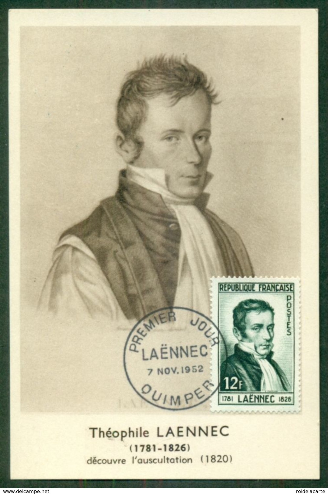 CM-Carte Maximum Card #1952-FRANCE #Célébrités # Médecine-Medizin # René Laennec,Médecin,Arzt , Quimper   (Cote 14,00€) - 1950-1959