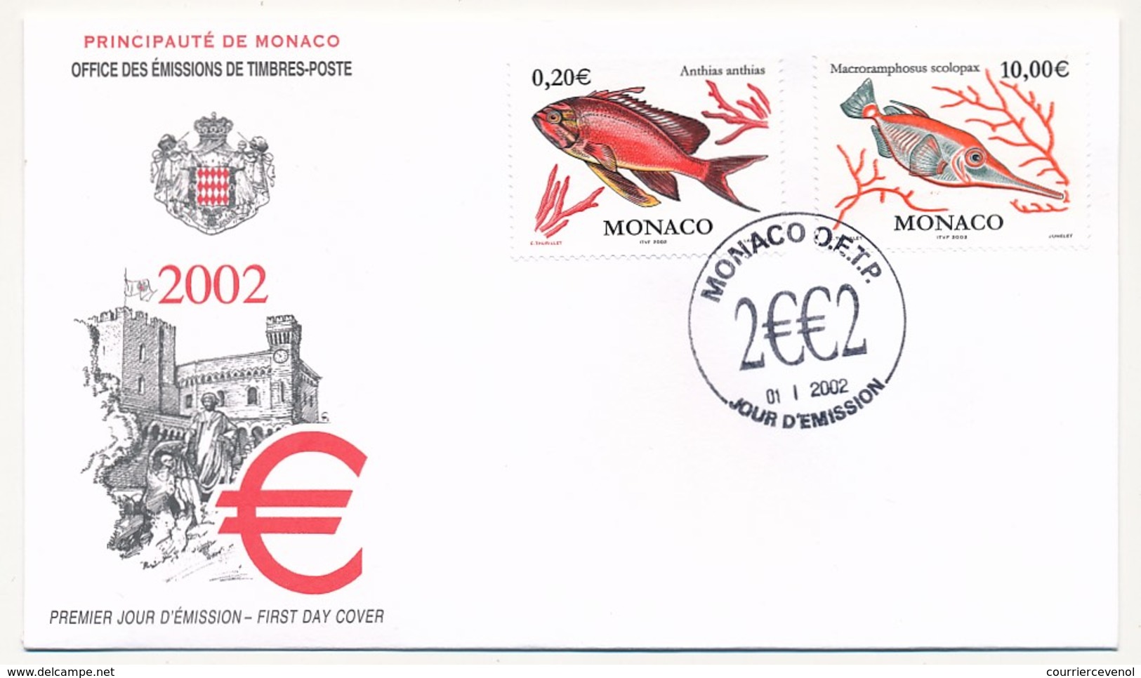 MONACO => Enveloppe FDC - "POISSONS" N° YT 2329 2330. 01/01/2002 - Faciale 10,20E - FDC