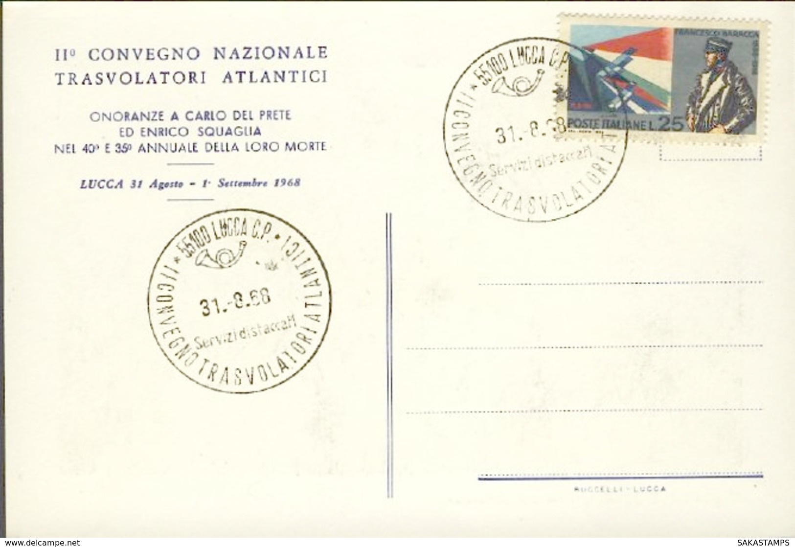 1968- Cartolina Illustrata Il Glorioso S 55 Delle Crociere Atlantiche, Annullo Speciale Lucca II Convegno Trasvolatori A - 1946-....: Ere Moderne