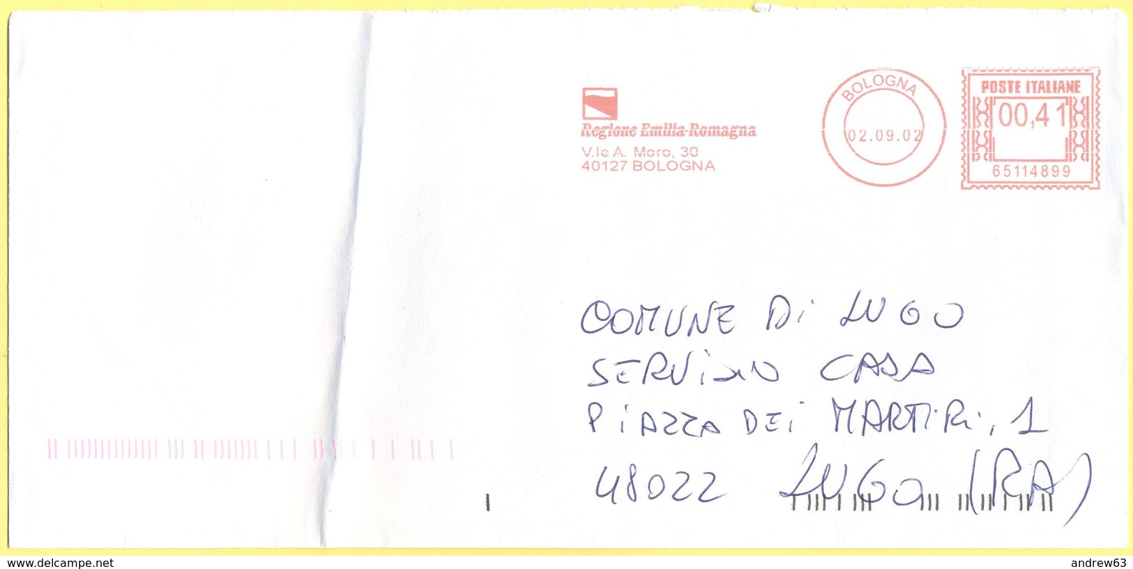 ITALIA - ITALY - ITALIE - 2002 - 00,41€ EMA, Red Cancel - Regione Emilia Romagna - Viaggiata Da Bologna Per Lugo - Macchine Per Obliterare (EMA)