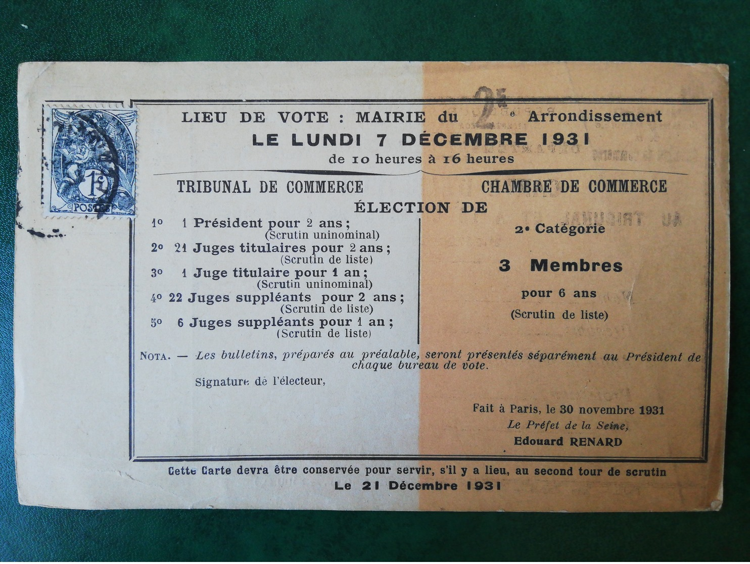 Carte D'ÉLECTEUR France Paris 2ème Rue De Vienne Mr Dailler Henri (tailleur). - Autres & Non Classés