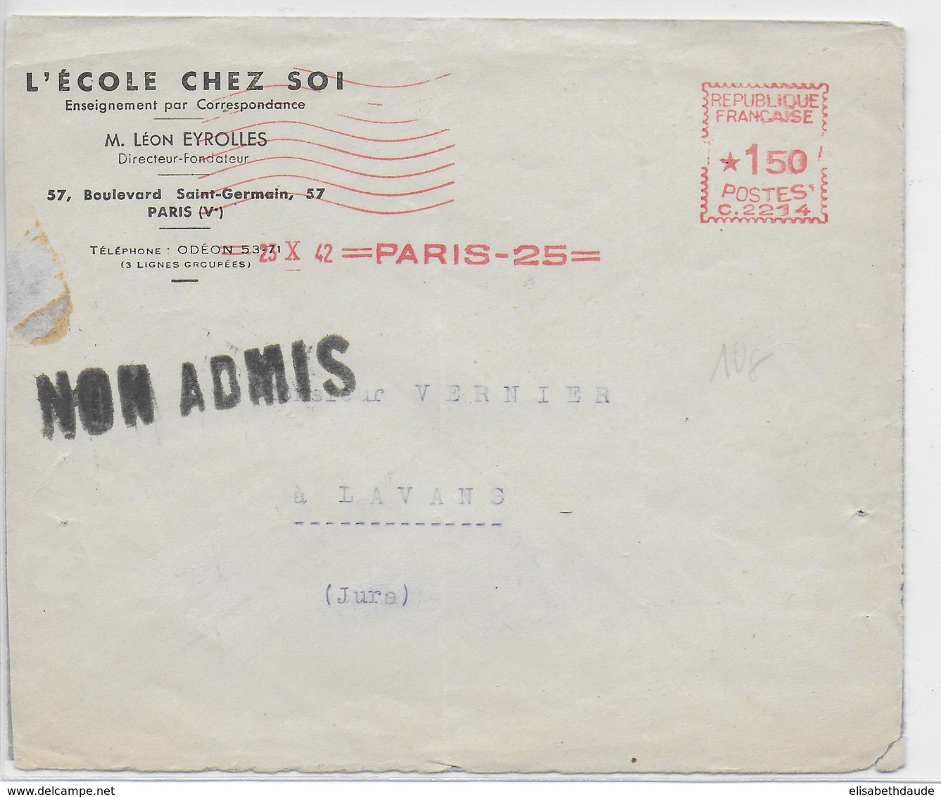 1942 - NON ADMIS - ENVELOPPE De PARIS Avec EMA => LAVANS (JURA) - Guerre De 1939-45
