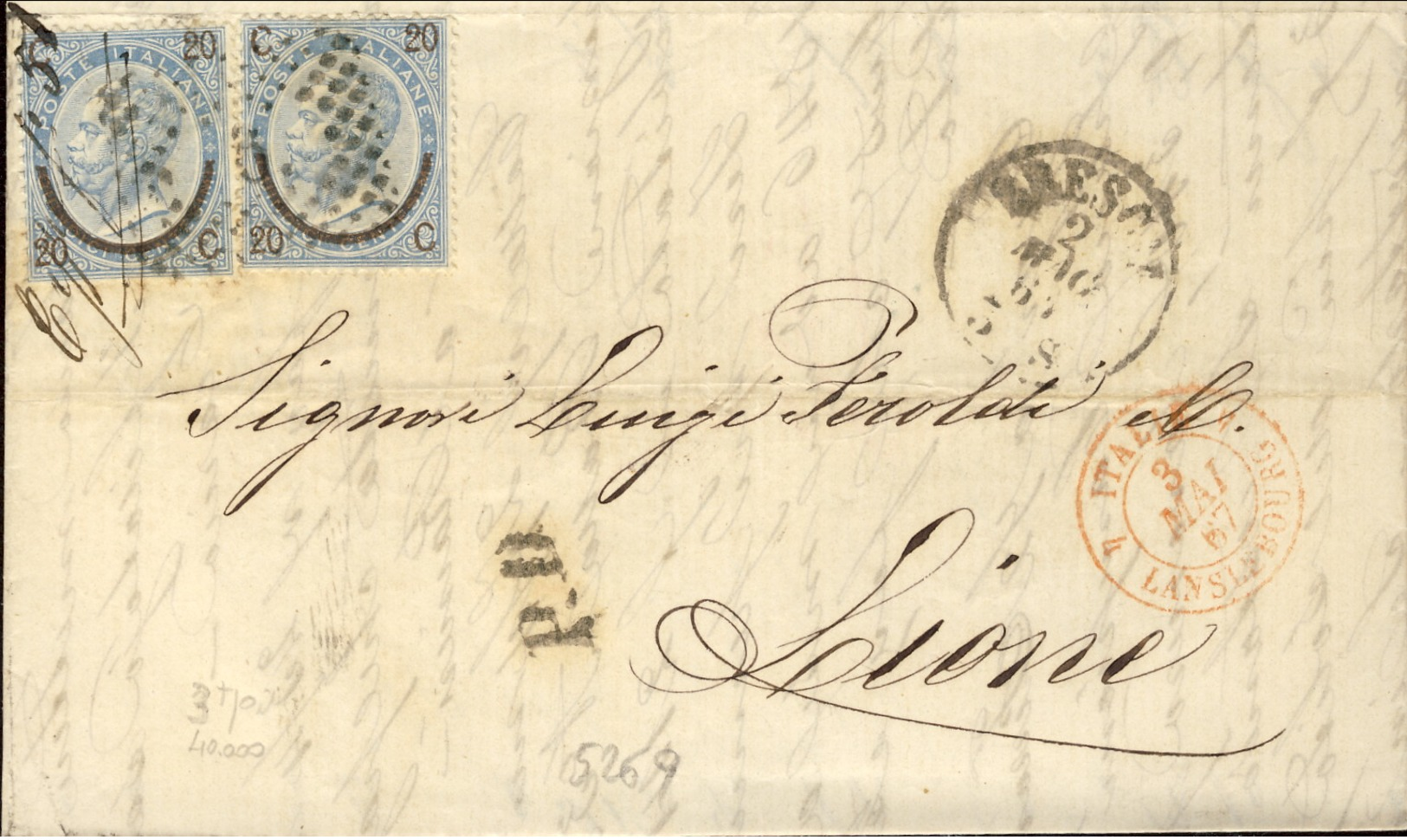 1867- Piego Diretto In Francia Affrancato Due 20c.su 15c.Ferro Di Cavallo III Tipo Cat.Sassone Euro 30 - Storia Postale