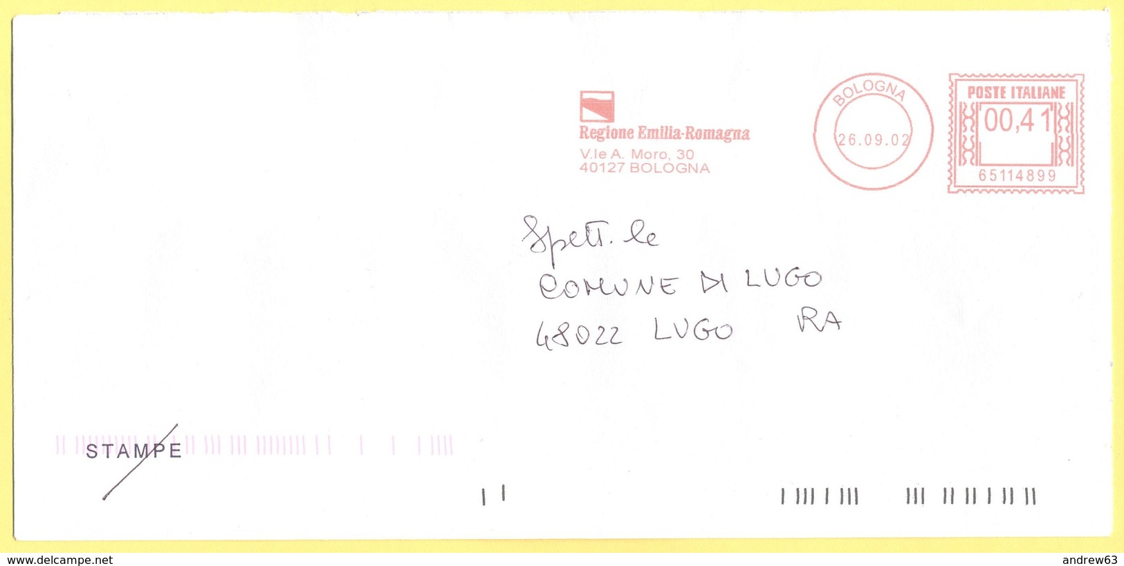 ITALIA - ITALY - ITALIE - 2002 - 00,41€ EMA, Red Cancel - Regione Emilia Romagna - Viaggiata Da Bologna Per Lugo - Macchine Per Obliterare (EMA)