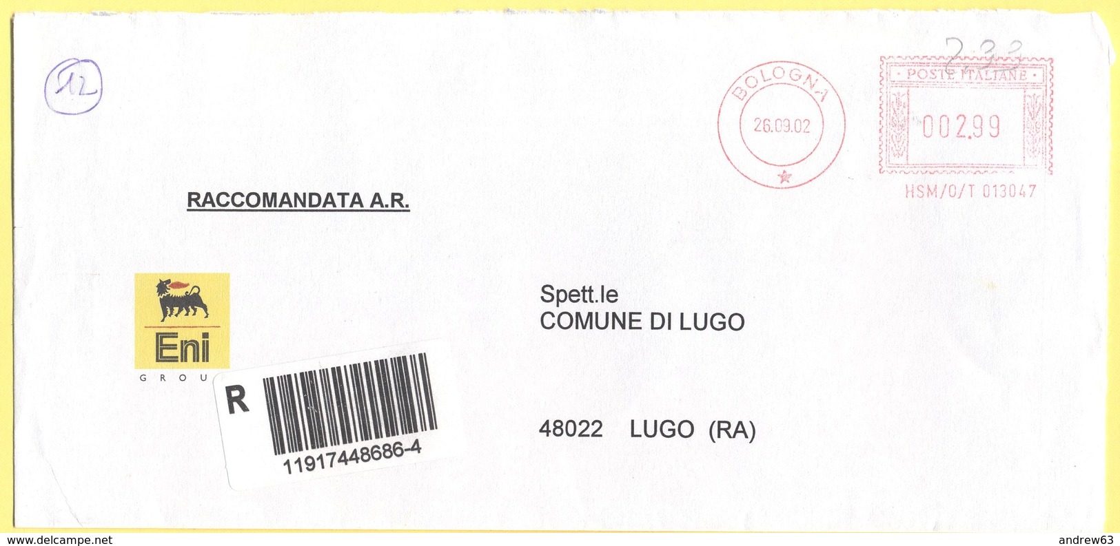 ITALIA - ITALY - ITALIE - 2002 - 002,99€ EMA, Red Cancel - ENI Group - Agip Petroli - Raccomandata A.R. - Viaggiata Da B - Macchine Per Obliterare (EMA)