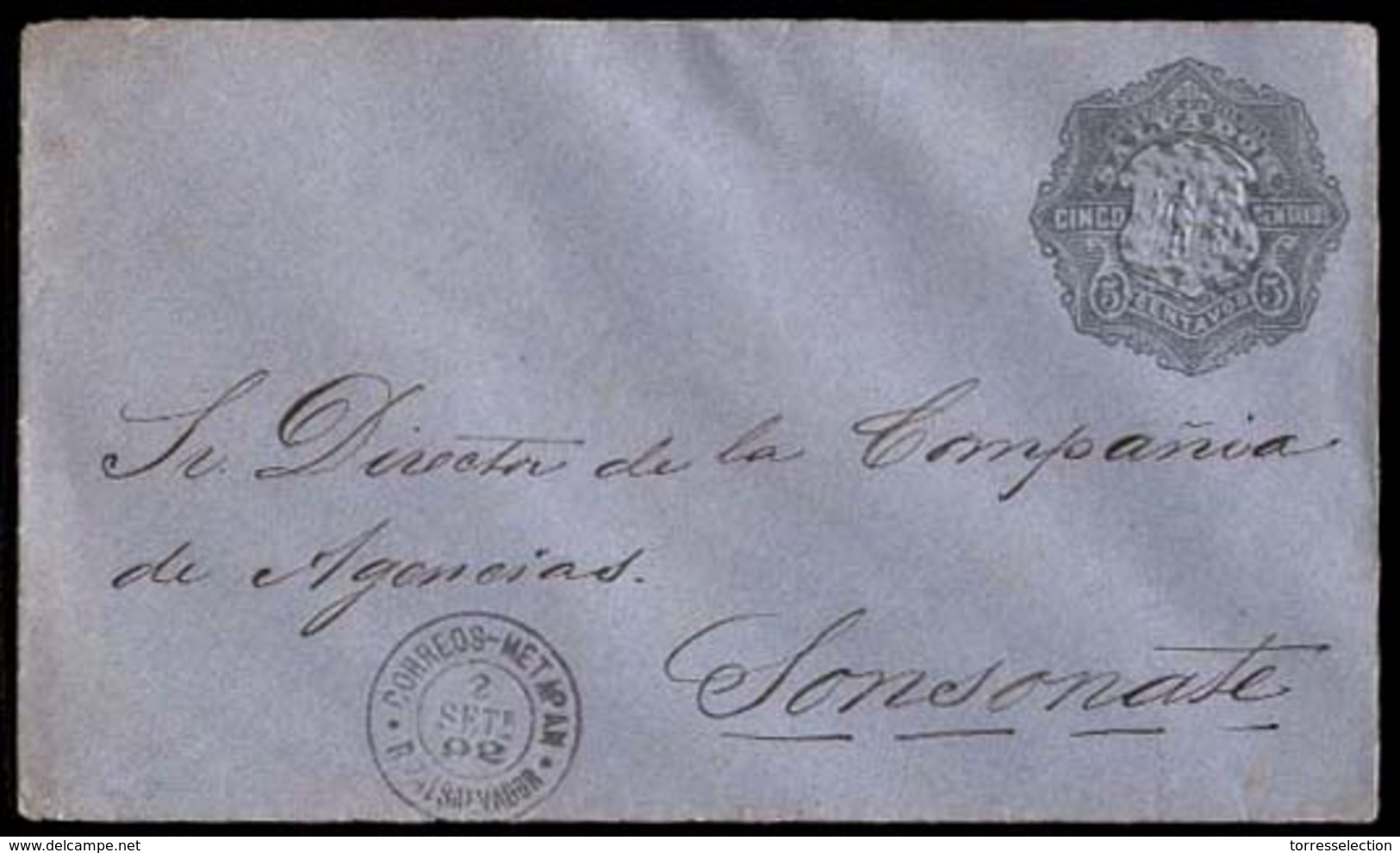 EL SALVADOR. 1892 (e Sep). Metapan To Sonsonate. 5c Grey/blue Stat.envelope. Very Scarce Locally Used. - El Salvador