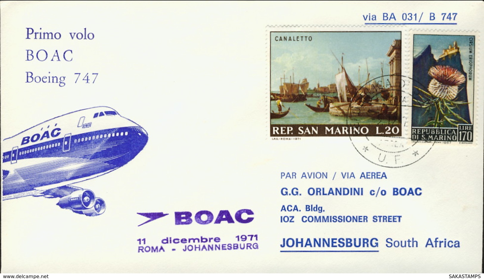 1971-San Marino Aerogramma Della Boac I Volo Boeing 747 Roma-Johannesburg - Storia Postale