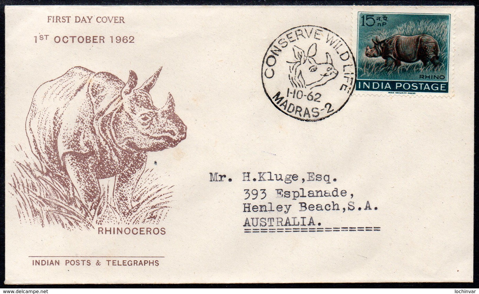 INDIA, 1962 RHINOCEROS FDC - Covers & Documents