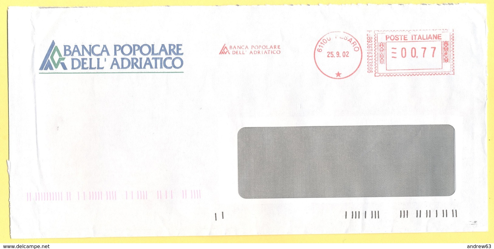 ITALIA - ITALY - ITALIE - 2002 - 00,77€ EMA, Red Cancel - Banca Popolare Dell'Adriatico - Viaggiata Da Pesaro - Macchine Per Obliterare (EMA)