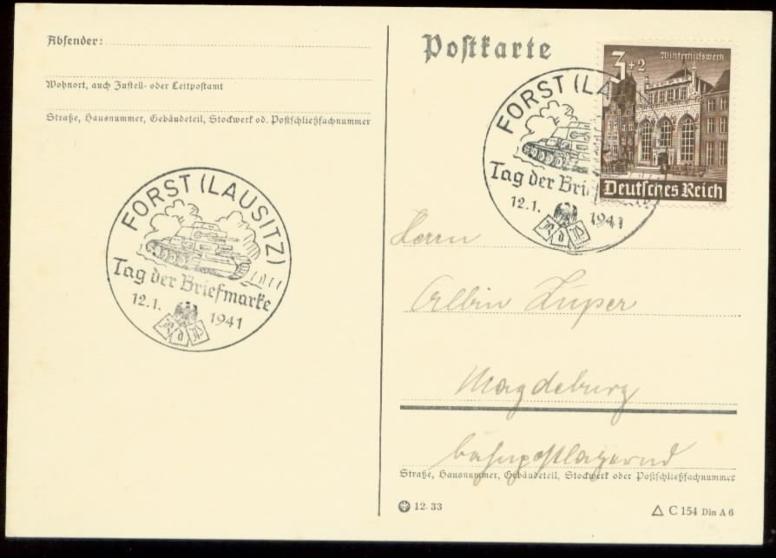 P0625 - DR WHW Auf Postkarte : Gebraucht Mit Sonderstempel Panzer,Tag Der Briefmarke ,Forst Lausitz 1941 - Briefe U. Dokumente