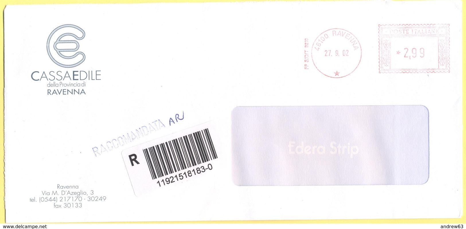 ITALIA - ITALY - ITALIE - 2002 - 002,99€ EMA, Red Cancel - Cassa Edile Della Provincia Di Ravenna - Raccomandata A.R. - - Macchine Per Obliterare (EMA)