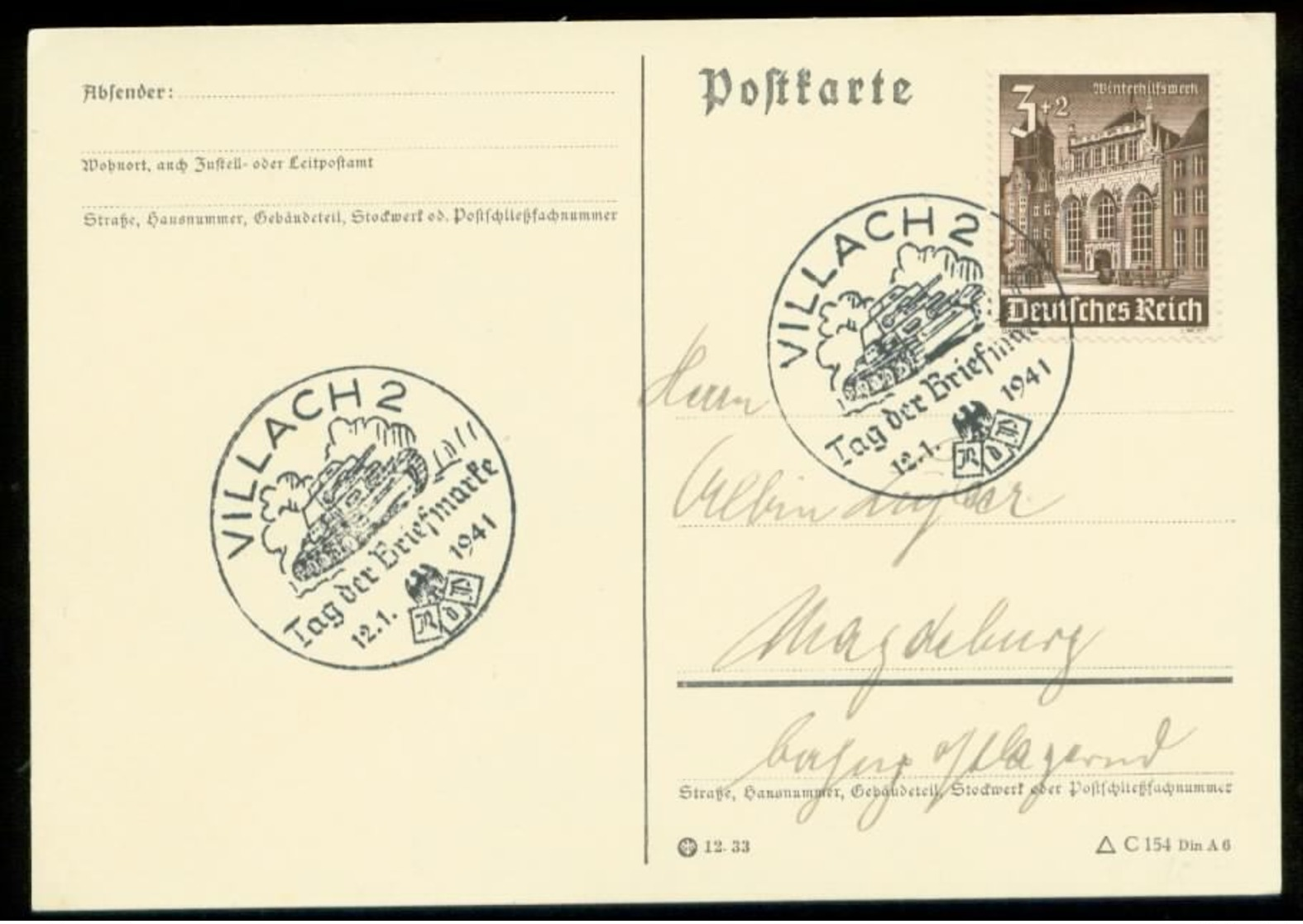 P0601 - DR WHW Auf Postkarte : Gebraucht Mit Sonderstempel Panzer ,Tag Der Briefmarke ,Villach 1941 - Briefe U. Dokumente