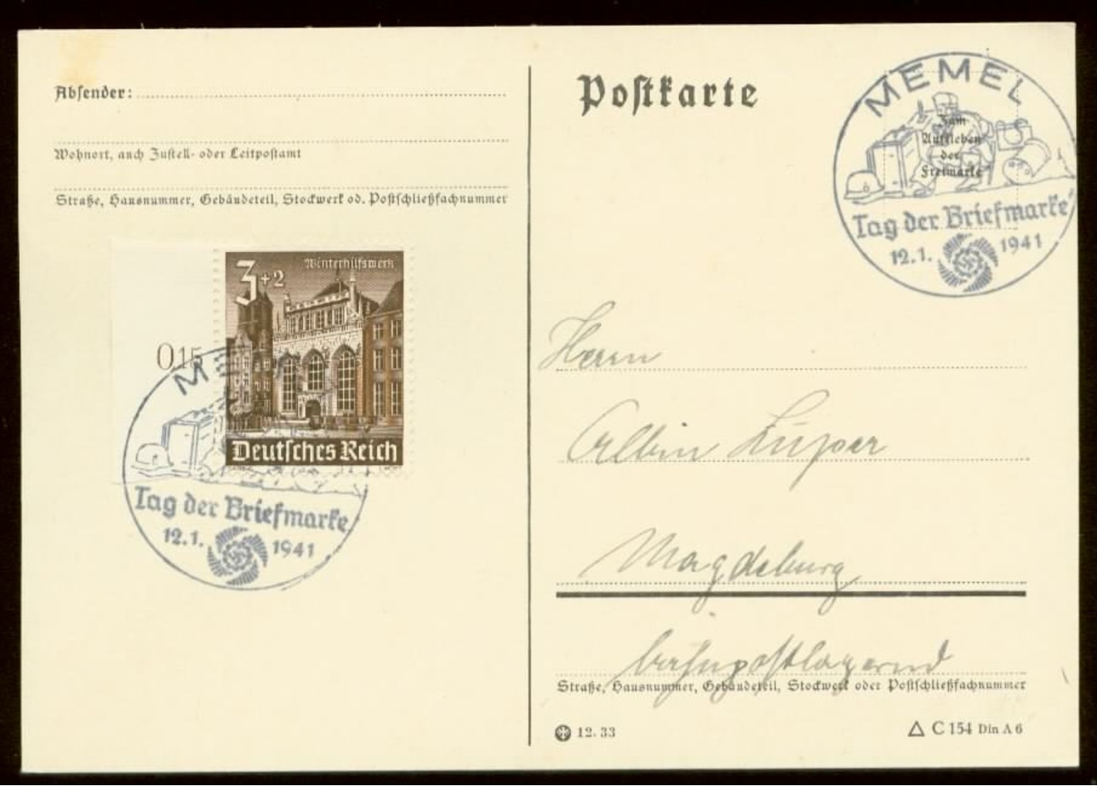 P0584 - DR WHW Seitenrand Auf Postkarte : Gebraucht Mit Sonderstempel Funker,Tag Der Briefmarke ,Memel 1941 - Briefe U. Dokumente