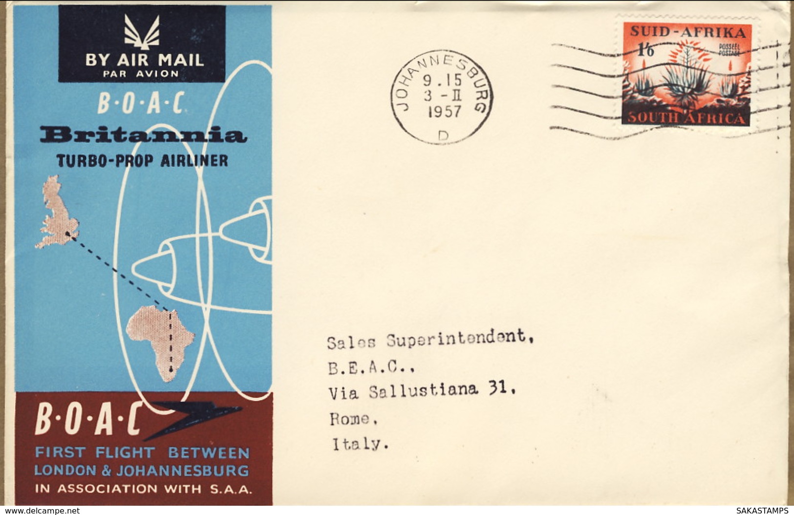 1957--Sud Africa Cat.Pellegrini N. 702 Euro 110, I Volo BOAC Johannesburg Roma Del 3 Febbraio - Poste Aérienne