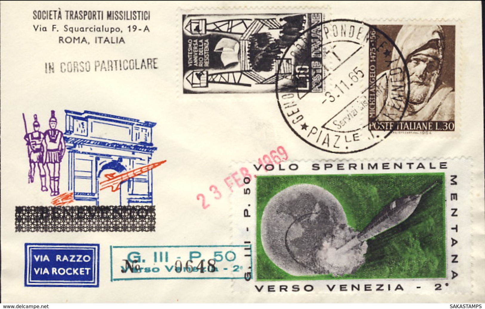 1969- Razzogramma Bollo "G.III - P.50 Verso Venezia"+erinnofilo Volo Sperimentale Mentana Verso Venezia - 1961-70: Marcophilie