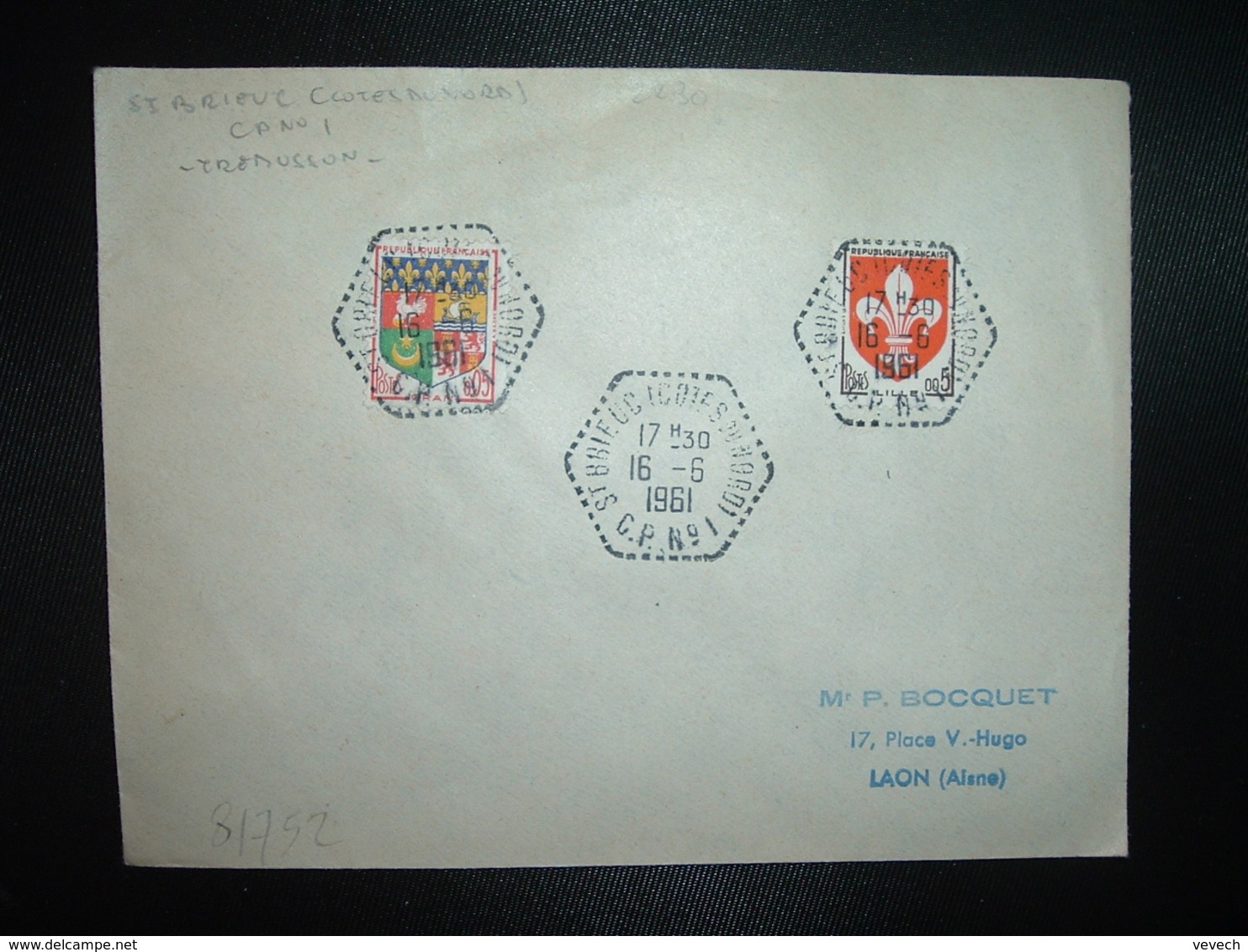 LETTRE TP LILLE 0,05 + ORAN 0,05 OBL. HEXAGONALE Tiretée 16-6 1961 ST BRIEUC (COTES DU NORD) CP N°1 (22) - Cachets Manuels