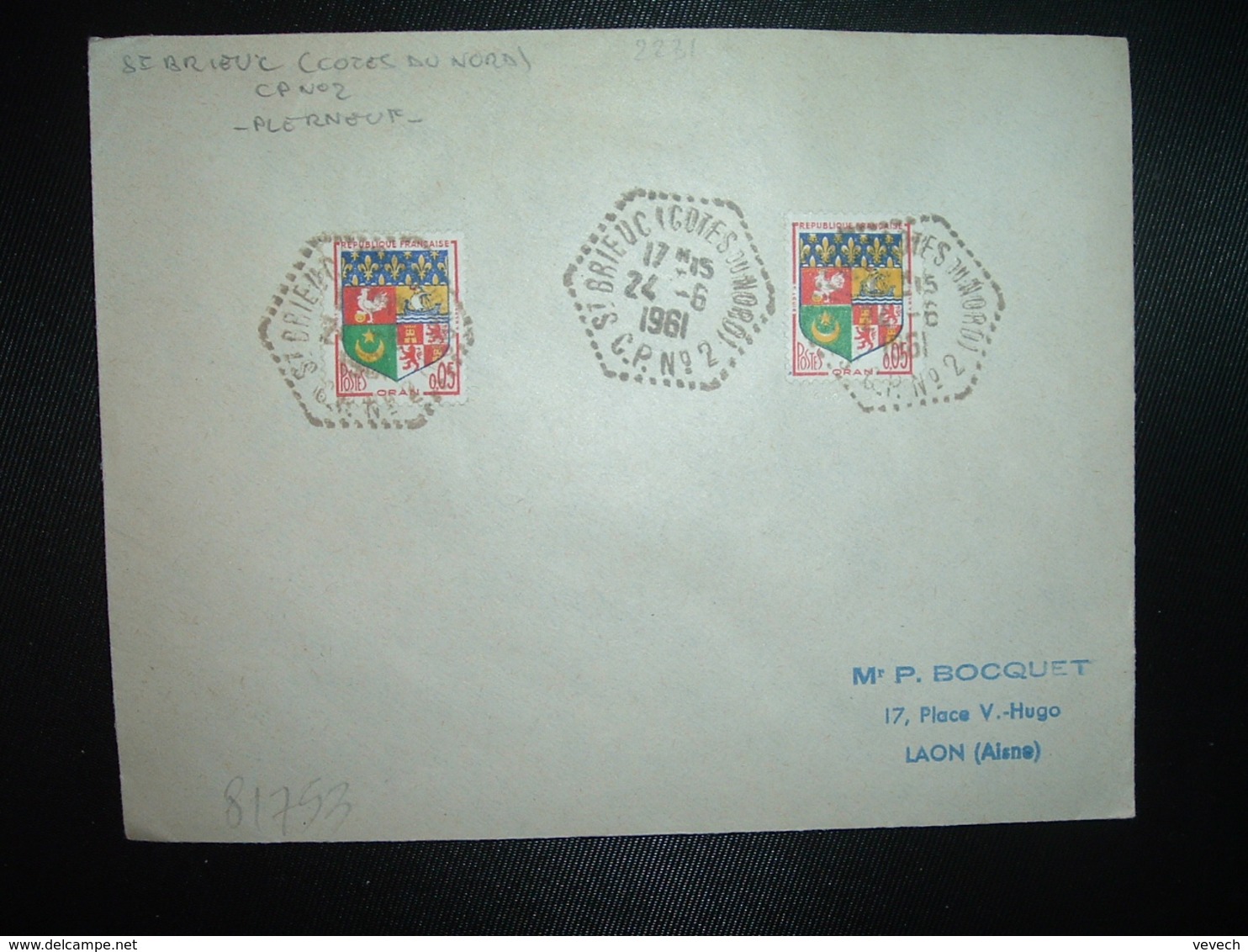 LETTRE TP LILLE 0,05 + ORAN 0,05 OBL. HEXAGONALE Tiretée 24-6 1961 ST BRIEUC (COTES DU NORD) CP N°2 (22) - Cachets Manuels