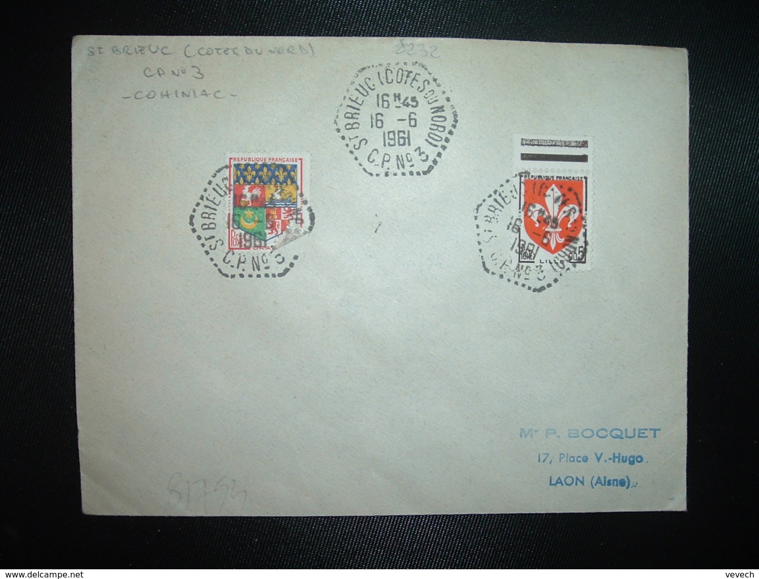 LETTRE TP LILLE 0,05 + ORAN 0,05 OBL. HEXAGONALE Tiretée 16-6 1961 ST BRIEUC (COTES DU NORD) CP N°3 (22) - Cachets Manuels