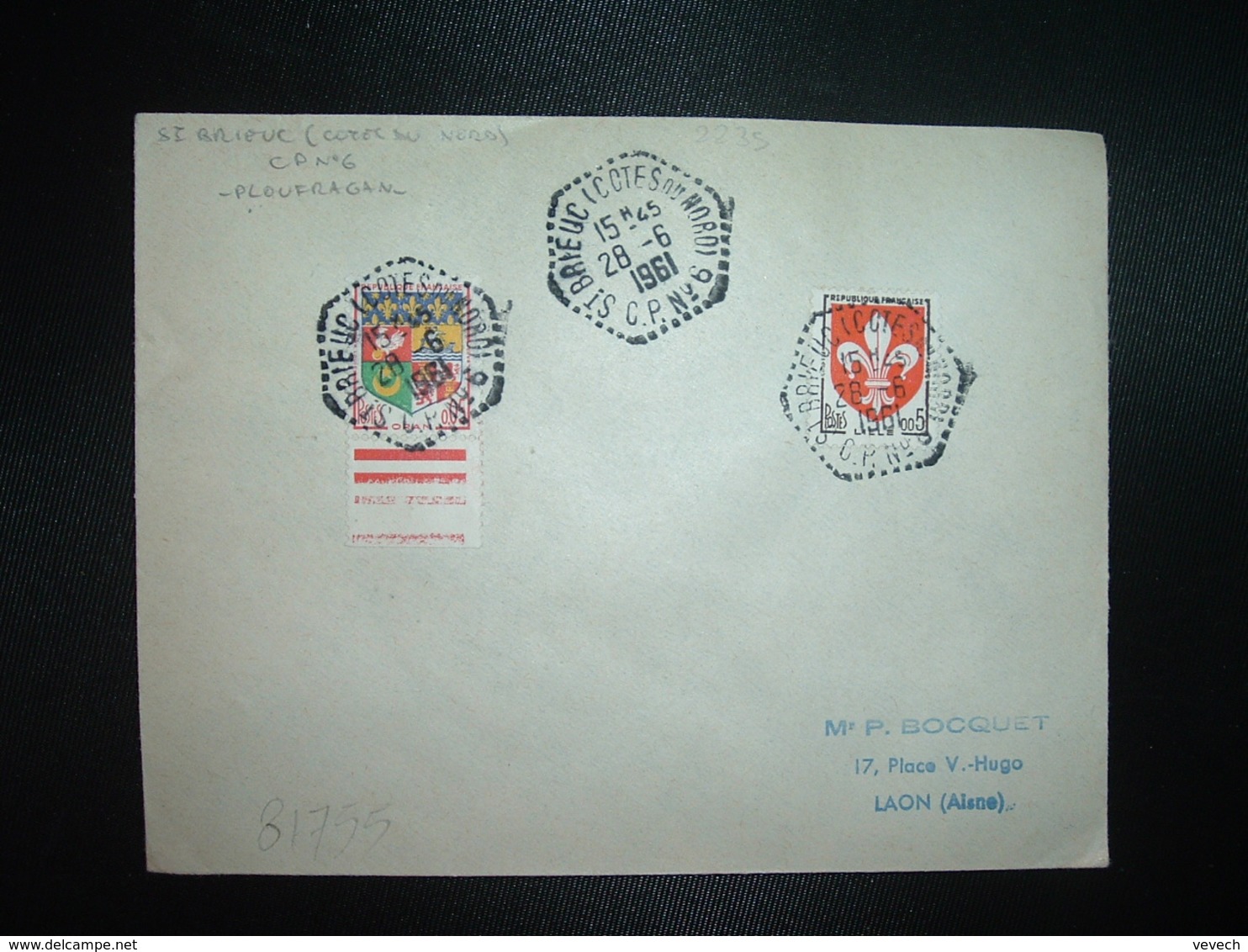 LETTRE TP LILLE 0,05 + ORAN 0,05 OBL. HEXAGONALE Tiretée 28-6 1961 ST BRIEUC (COTES DU NORD) CP N°6 (22) - Cachets Manuels