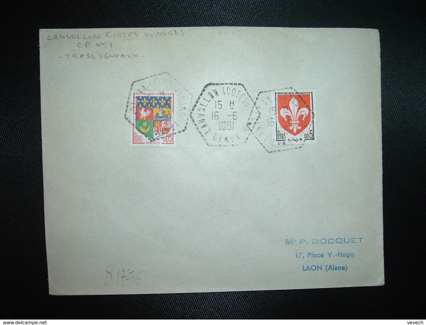 LETTRE TP LILLE 0,05 + ORAN 0,05 OBL. HEXAGONALE Tiretée 16-6 1961 LANVOLLON (COTES DU NORD) CP N°1 (22) - Cachets Manuels