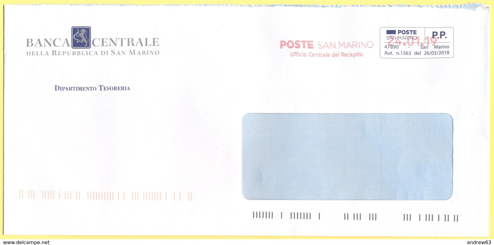 SAN MARINO - 2019 - P.P. + Ema, Red Cancel - Banca Centrale Della Repubblica Di San Marino - Viaggiata Da San Marino - Lettres & Documents