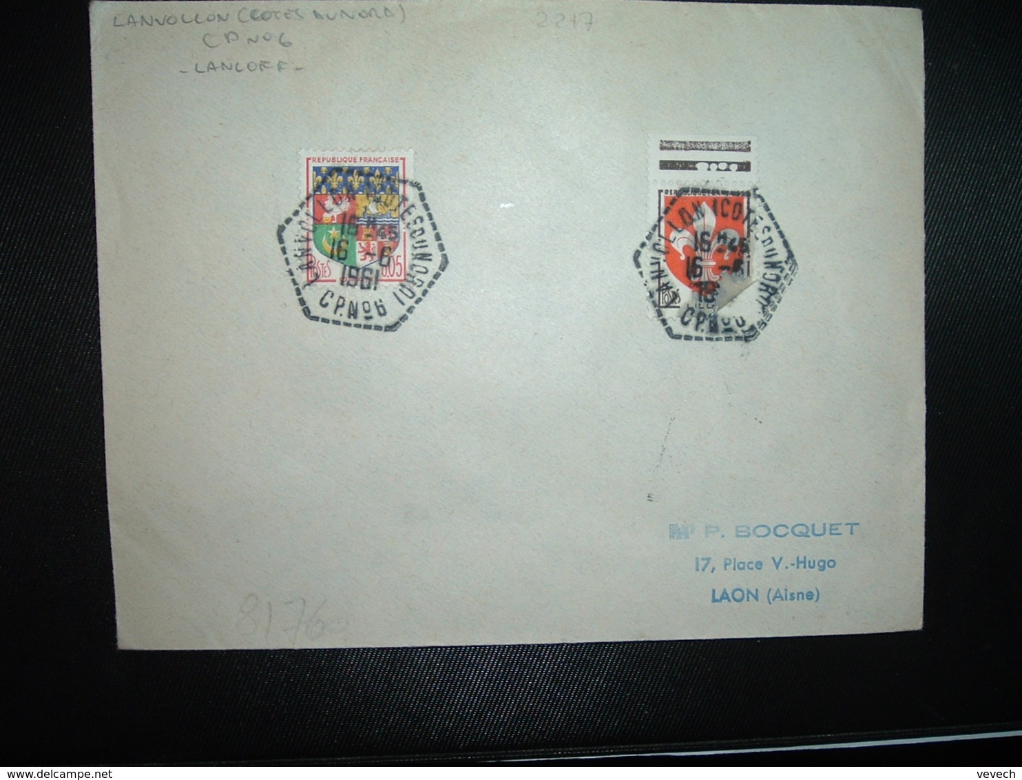 LETTRE TP LILLE 0,05 + ORAN 0,05 OBL. HEXAGONALE Tiretée 16-6 1961 LANVOLLON (COTES DU NORD) CP N°6 (22) - Cachets Manuels