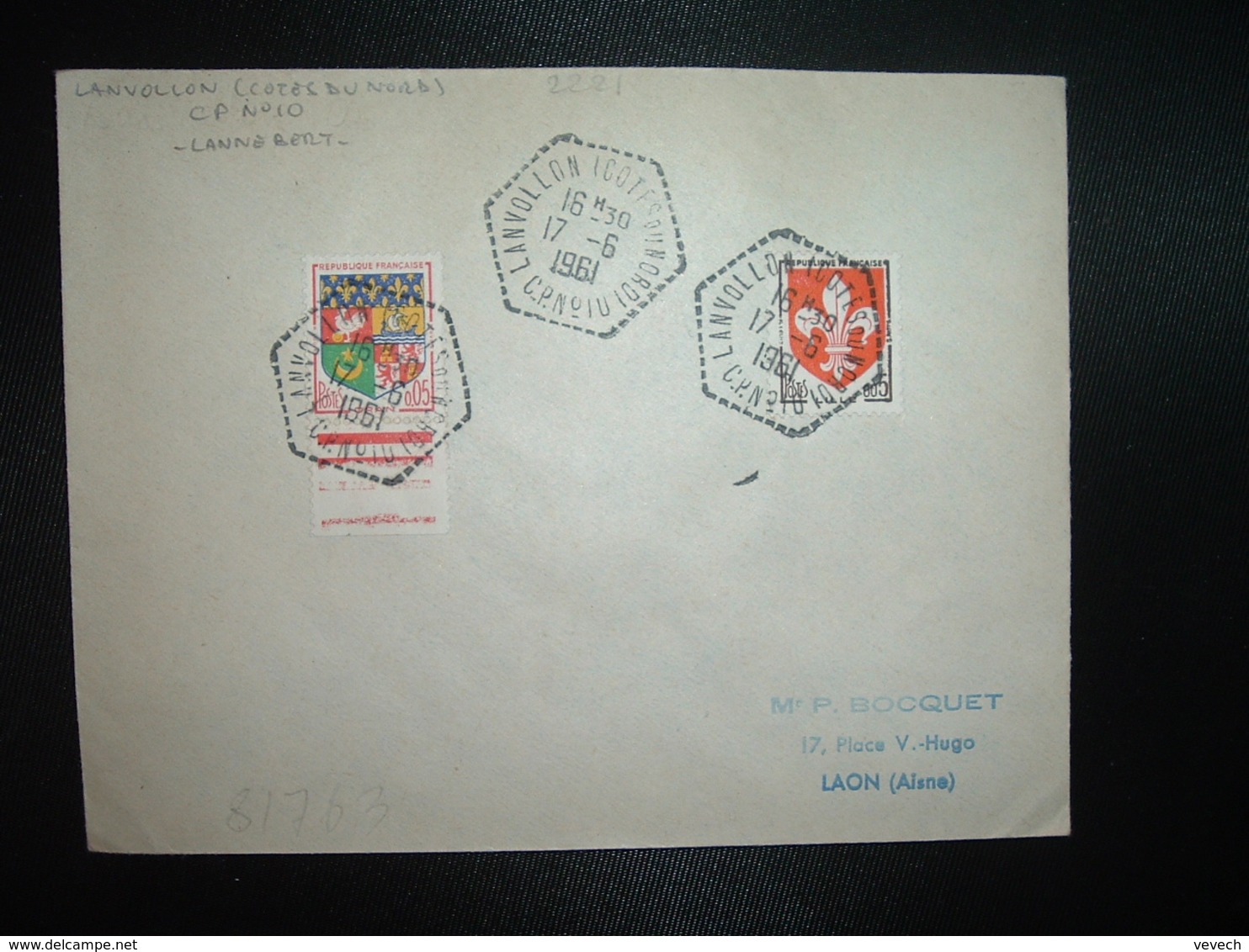 LETTRE TP LILLE 0,05 + ORAN 0,05 OBL. HEXAGONALE Tiretée 17-6 1961 LANVOLLON (COTES DU NORD) CP N°10 (22) - Cachets Manuels