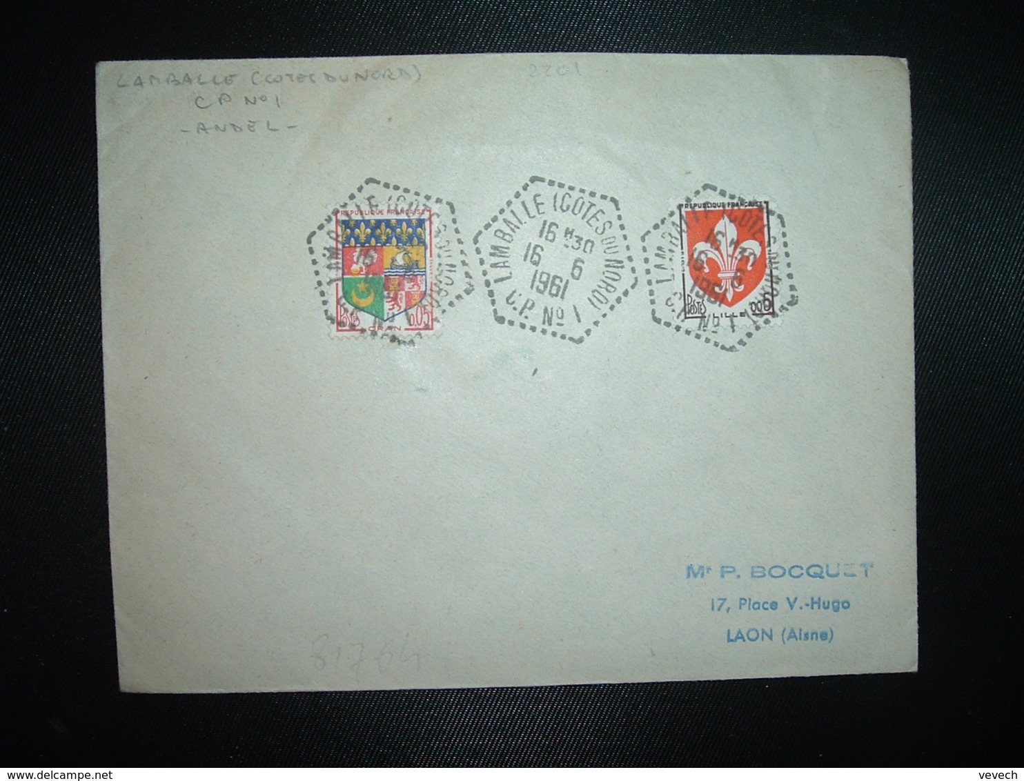 LETTRE TP LILLE 0,05 + ORAN 0,05 OBL. HEXAGONALE Tiretée 16-6 1961 LAMBALLE (COTES DU NORD) CP N°1 (22) - Cachets Manuels