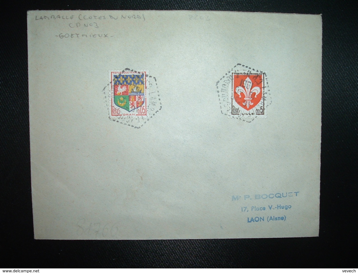 LETTRE TP LILLE 0,05 + ORAN 0,05 OBL. HEXAGONALE Tiretée 19-6 1961 LAMBALLE (COTES DU NORD) CP N°3 (22) - Cachets Manuels