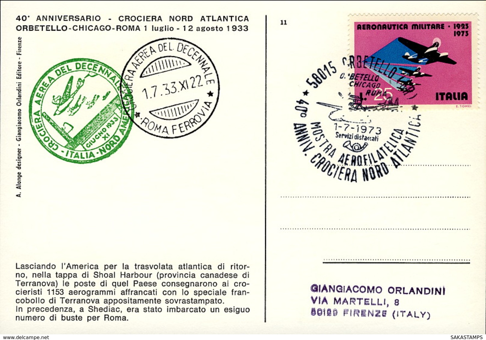 1973- Cartolina Ufficiale Illustrata Mostra Aerofilatelica 40 Anniv. Crociera Nord Atlantica Del 1 Luglio - 1946-....: Ere Moderne