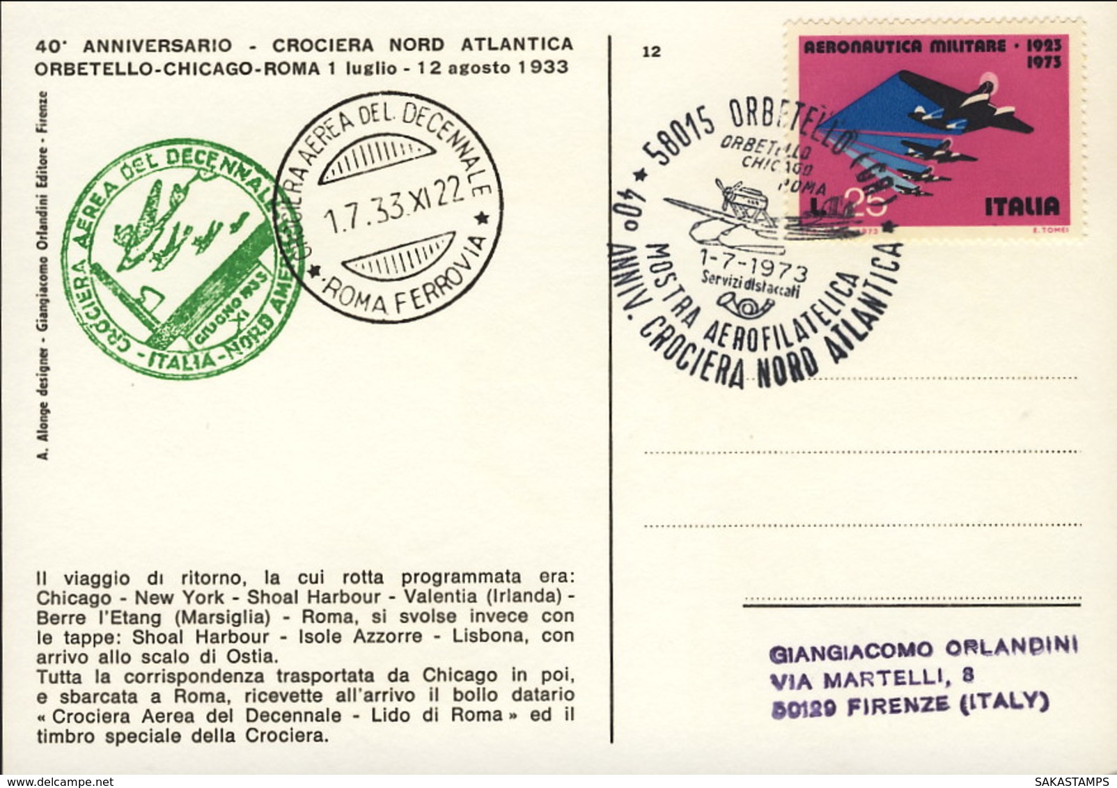 1973- Cartolina Ufficiale Illustrata Mostra Aerofilatelica 40 Anniv. Crociera Nord Atlantica Del 1 Luglio - 1946-....: Ere Moderne