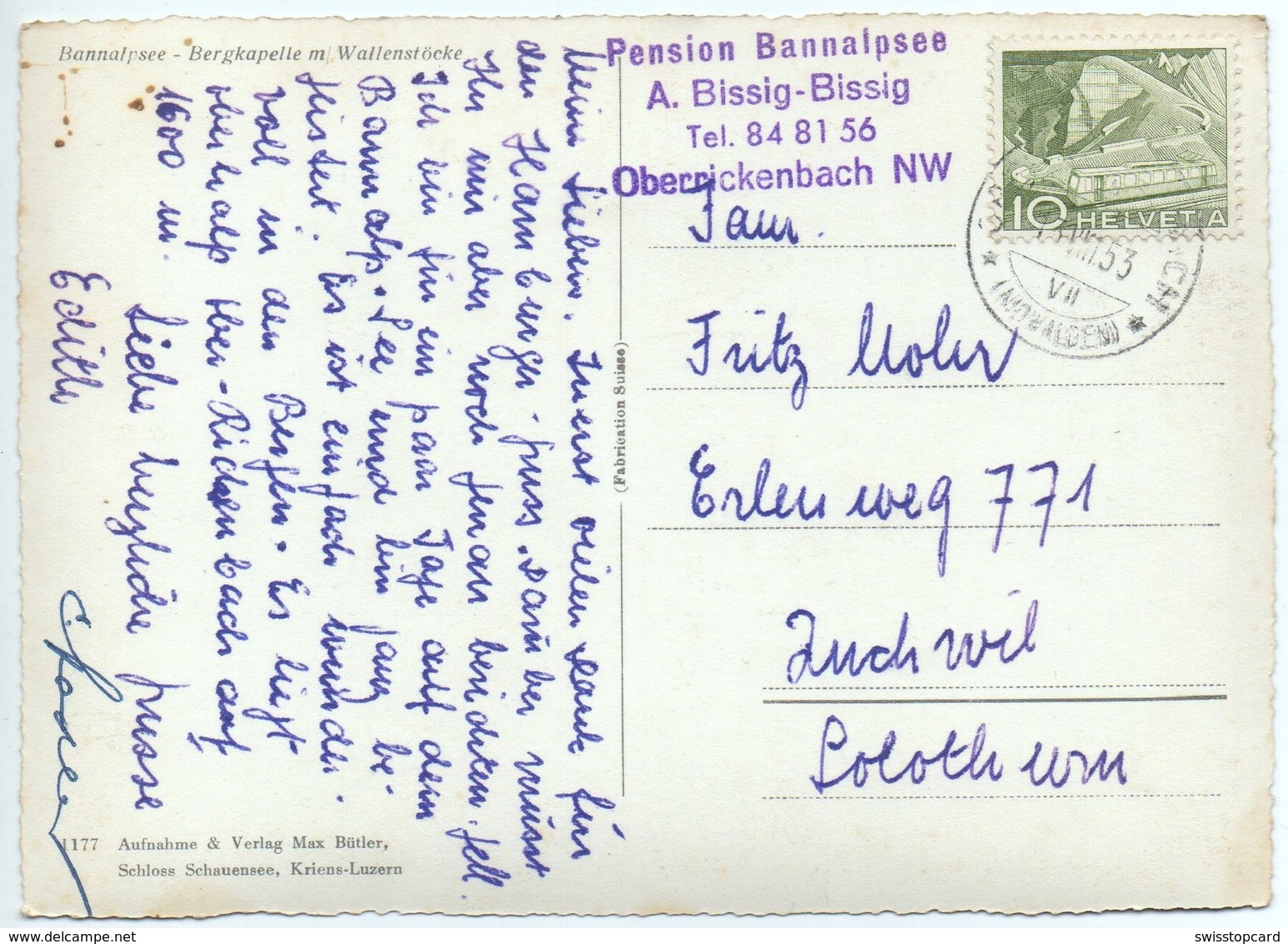 OBERRICKENBACH Bannalpsee Stempel Pension A. Bissig-Bissig Foto Max Bütler Kriens-Luzern - Kriens