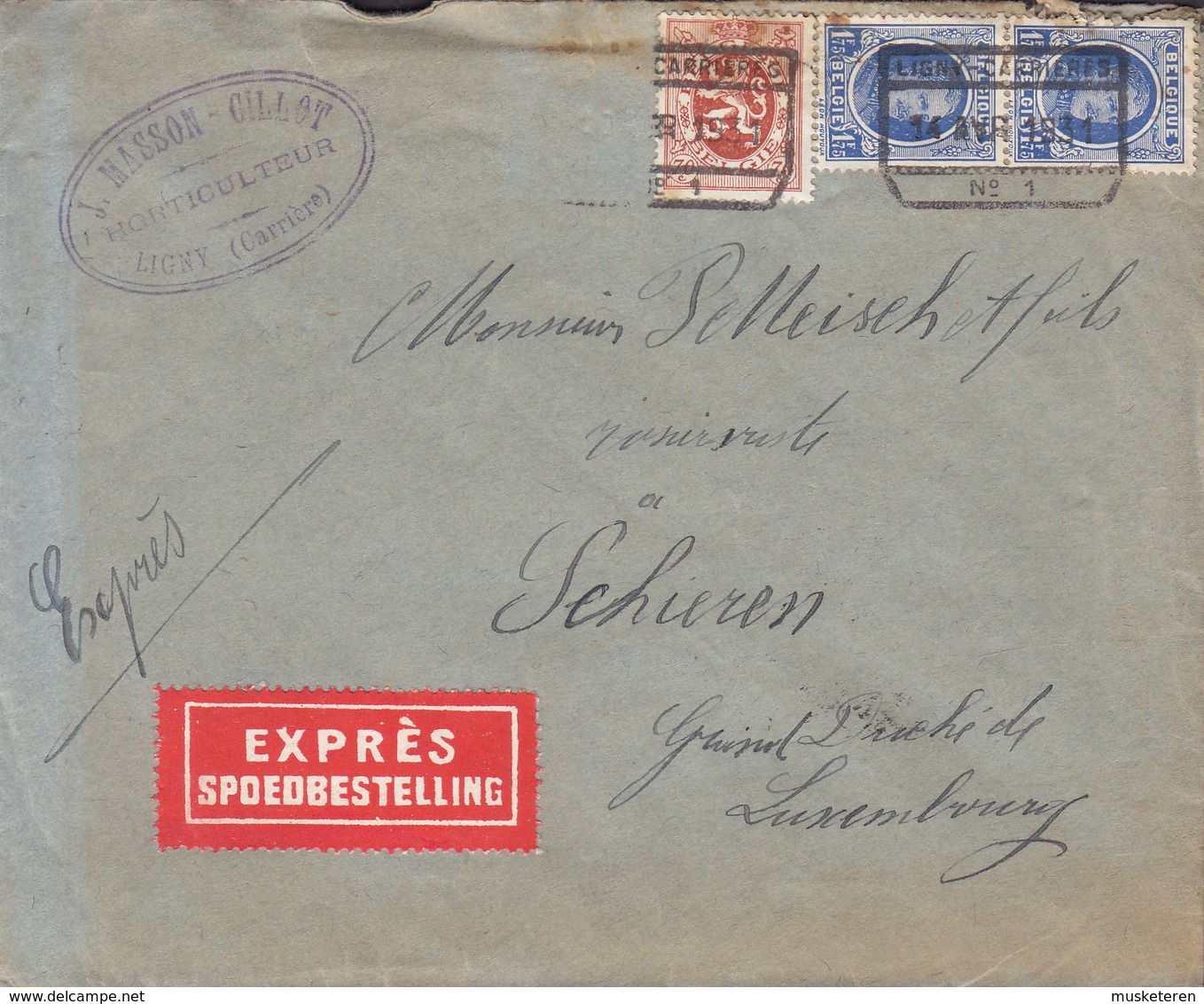 Belgium J. MASSON -CILLOT Horticulteur EXPRÉS Spoedbestelling Label LIGNY - CARRIERES No. 1 1931 Cover Lettre Luxembourg - Lettres & Documents