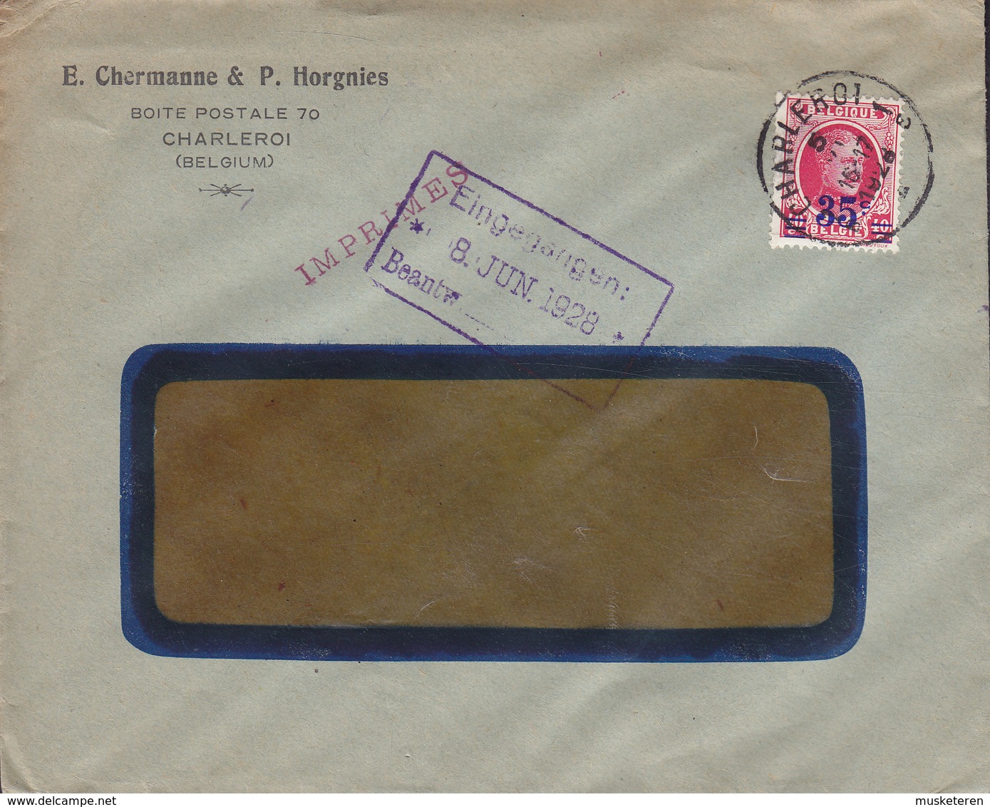 Belgium E. CHERMANNE & P. HORGNIES, CHARLEROI 1928 Cover Lettre IMPRIMES Line Cds. !! - Lettres & Documents