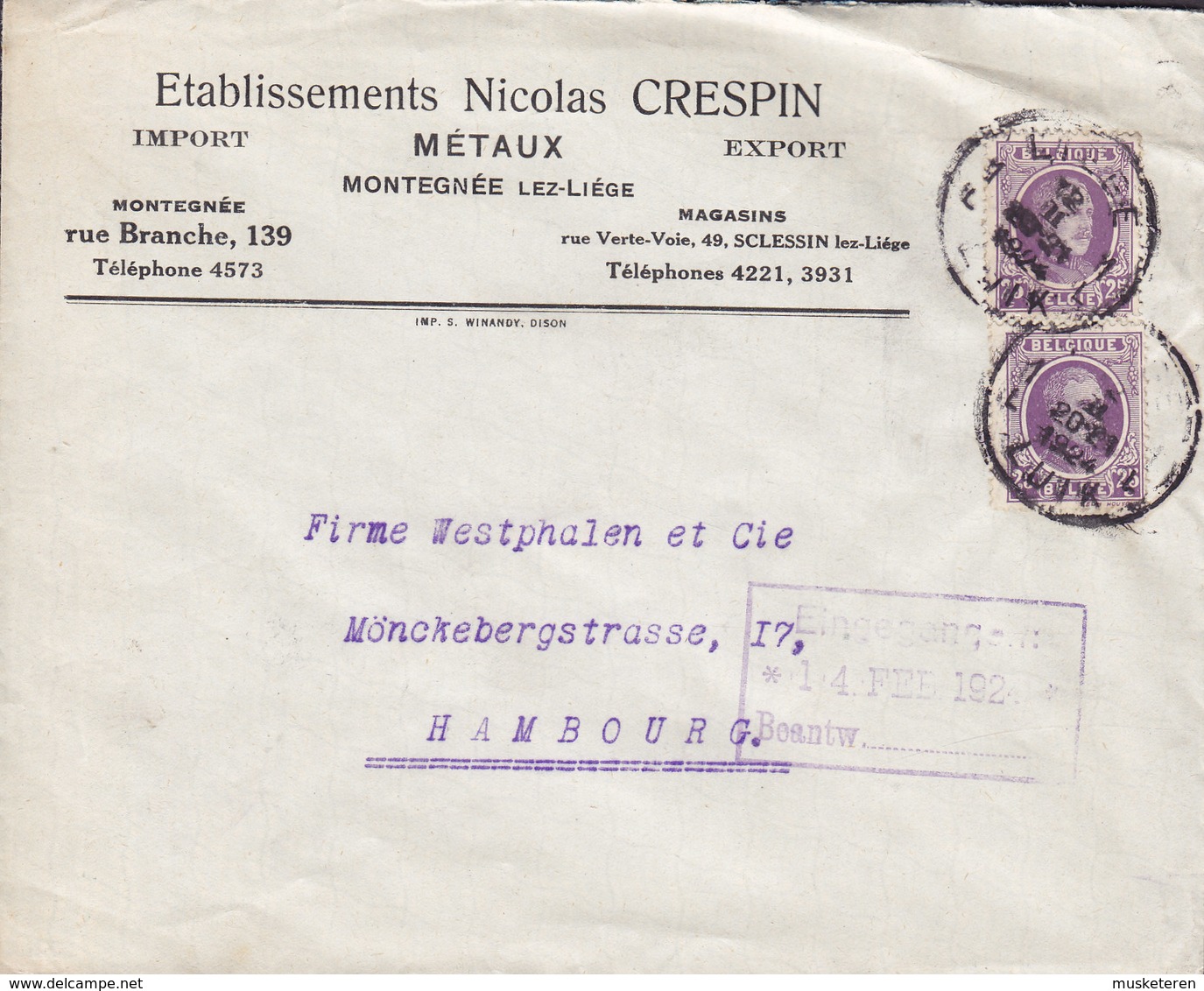 Belgium Etablissements NICOLAS CRESPIN Métaux Import-Export, LIEGE 1924 Cover Lettre HAMBURG Germany - Lettres & Documents