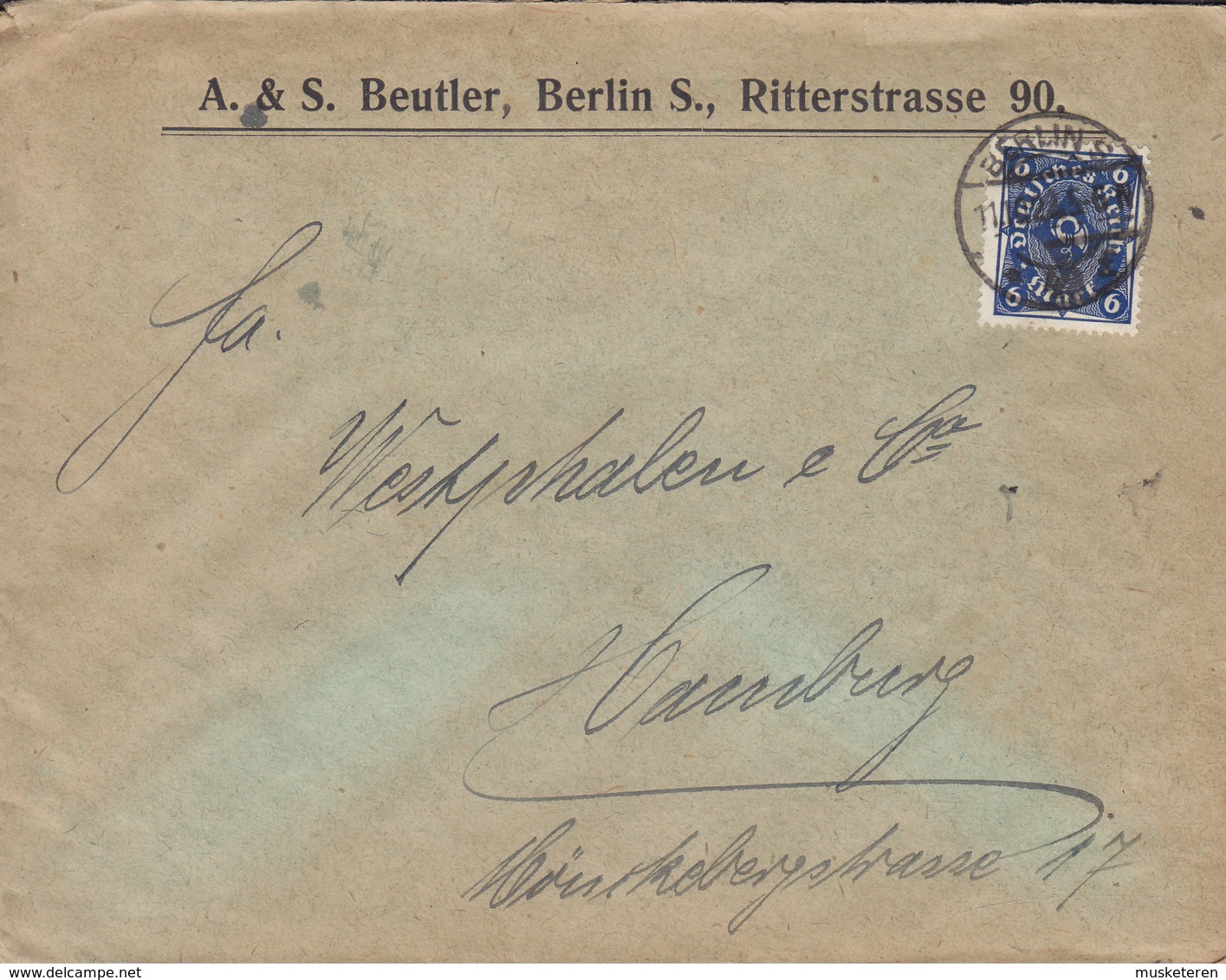 Germany Deutsches Reich A. & S. BEUTLER, BERLIN S. 1922 Cover Brief HAMBURG 6 Mark Stamp - Briefe U. Dokumente