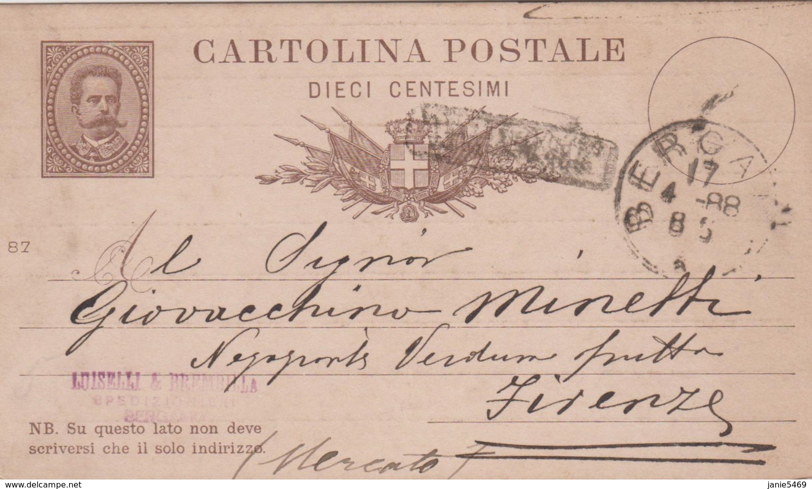 Italy 1888 Cartolina Postale Dieci Centesimi From Bergamo To Firenze - Used