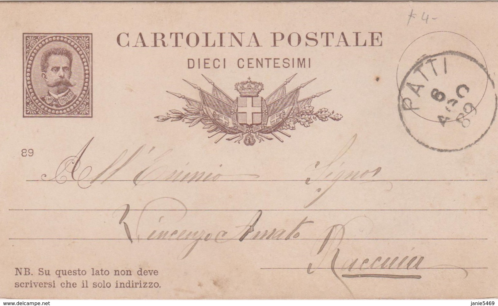 Italy 1889 Cartolina Postale Cmi 10 Da Patti A Rimini - Used