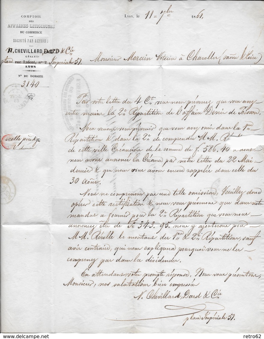 1861 FRANKREICH → Lyon à Charolles, Petits Chiffres 1818 Napoleon III. 20c Bleu   ►après Le Départ◄ - 1853-1860 Napoléon III